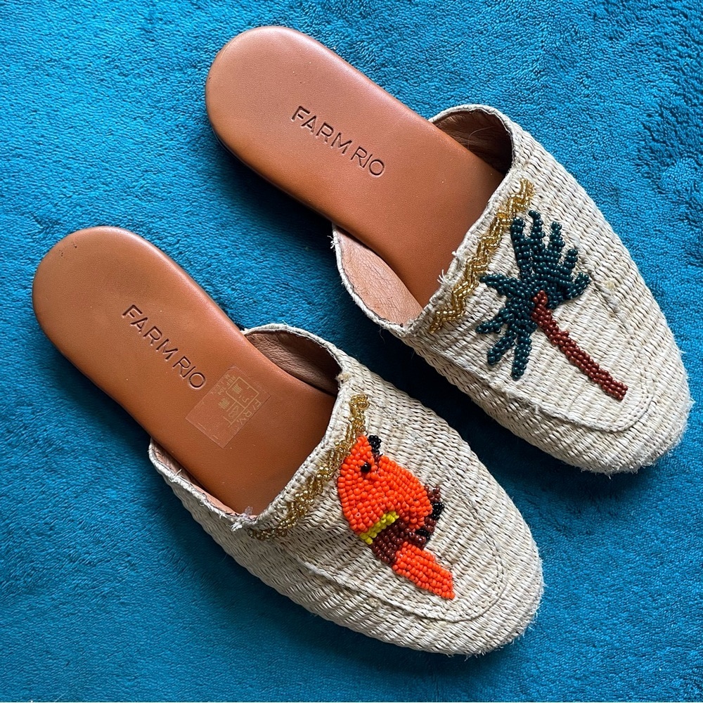 farm rio beaded macaw and parrot mules shoes designer